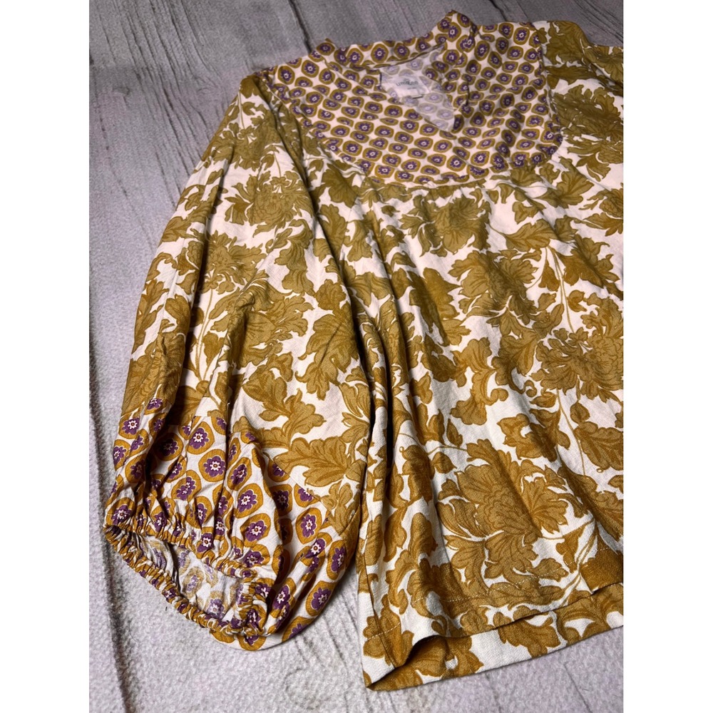 Umgee Blouse Womens 2XL Yellow Floral Boho Balloon Sleeve V-Neck Top - Picture 2 of 8